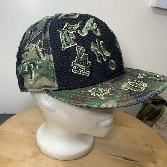 New Era Cap MLB All Over Team Logos 59Fifty Baseball Fitted Camo Hat  7 1/4 Rare - Picture 16 of 16